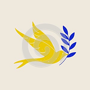 Peace bird olive branch. Abstract flying swallow leaf risograph effect, freedom sign riso linocut print. Vector