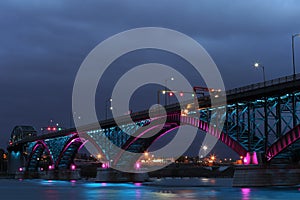 Peace Bridge with blue and pink lights