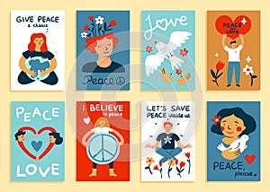 Peace cards. Cartoon people with love and hippie symbols. Peaceful men or women in balance. Flying bird, flowers and