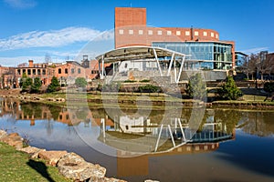 The Peace Center, performing arts center and outdoor ampitheater, in Greenville, South Carolina downtown viewed from the Reedy