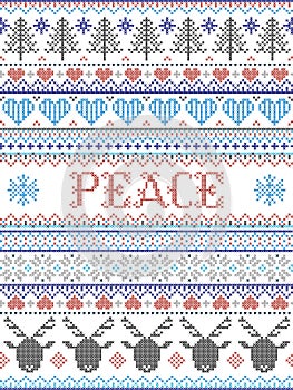 Peace Christmas  pattern with Scandinavian Nordic festive winter pastern in cross stitch with heart, snowflakes, Christmas