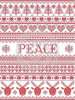 Peace Christmas vector pattern with Scandinavian Nordic festive winter pastern in cross stitch with heart, snowflake, Christmas