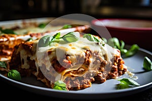 Peace of classic homemade italian lasagna with bolognese sauce and basil just out of the oven