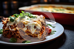 Peace of classic homemade italian lasagna with bolognese sauce just out of the oven