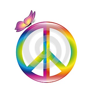 Peace colorful symbol in rainbow colors with butterfly