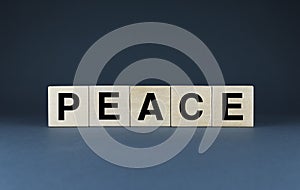 Peace. Cubes form the word Peace. An extensive concept of the word Peace