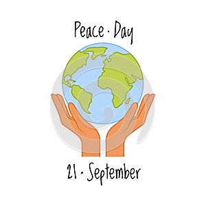 Peace with Cupped Human Hands and Earth Globe as Symbol of Friendship and Harmony Vector Illustration