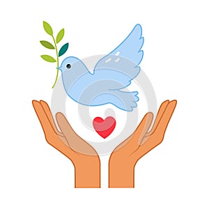 Peace with Cupped Human Hands and Flying Pigeon as Symbol of Friendship and Harmony Vector Illustration