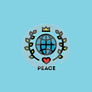 Peace day concept with globe, green leaves, crown and heart