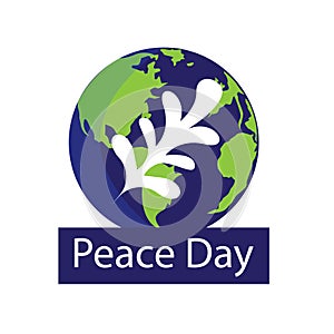 Peace day worldwide in September. A globe with a white leaf symbol in the center.