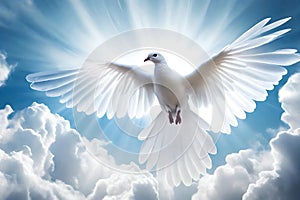 Peace divine messenger beautiful white dove with angelic rays of light