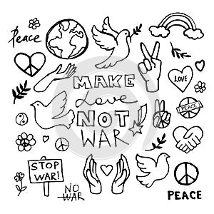 Peace doodle set. Vector hippie. Make love not war