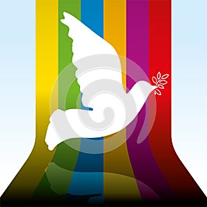 Peace dove flying over 3D rainbow background
