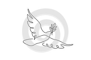 Peace dove with olive branch in One continuous line drawing. Bird and twig symbol of peace and freedom in simple linear