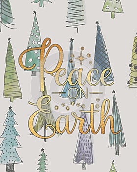 Peace on Earth Christmas Illustration with line drawing abstract trees