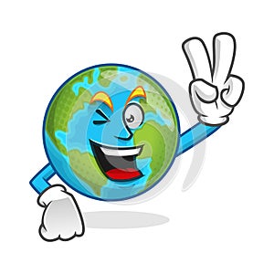 Peace earth mascot, victory earth character, earth cartoon vector