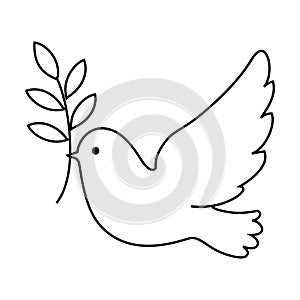 Peace with Flying Pigeon with Olive Branch as Symbol of Friendship and Harmony Outline Vector Illustration