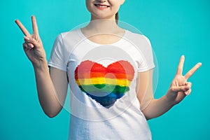 peace gesture pride month woman sign rainbow heart