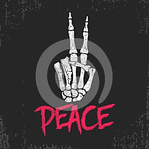 Peace gesture sign print with skeleton bones hand. Vintage design for t-shirt, clothes, grunge original apparel. Vector.