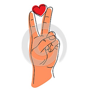 Peace hand gesture sign with heart in fingers. Peace love concept.Vector sketch illustration