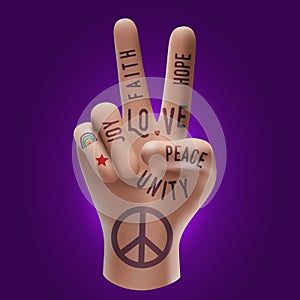 Peace hand gesture sign with words tattoos on it. Peace love poster concept. Vintage styled vector illustration