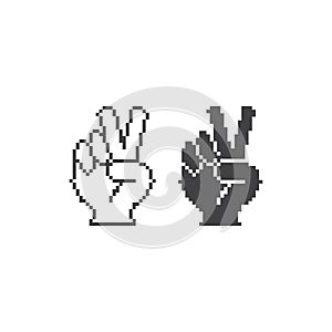Peace hand sign, hand gesture V. Pixel art line icon vector icon illustration