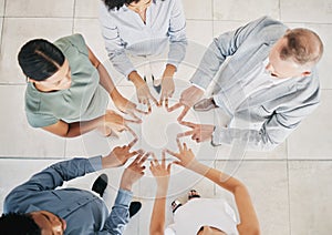 Peace, hands and top view of team building, business people and support in collaboration, hope and company mission