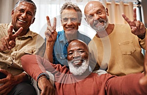Peace, happy and portrait of men with a selfie, bonding and memory during retirement. Party, smile and elderly friends