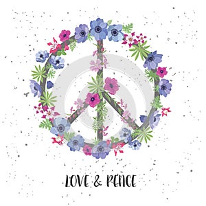 Peace Hippie Symbol with Flower on the white Background.