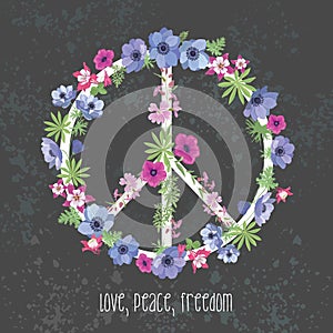 Peace Hippie Symbol with Flower on the white Background.