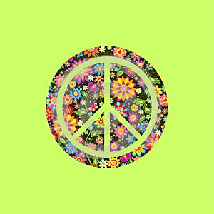 Peace Hippie Symbol over colorful flowers background. Print for T shirt, bag, fashion textile