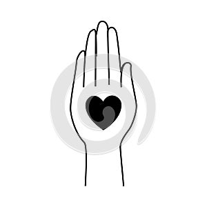 Peace with Human Hand and Heart on Palm as Symbol of Friendship and Harmony Outline Vector Illustration