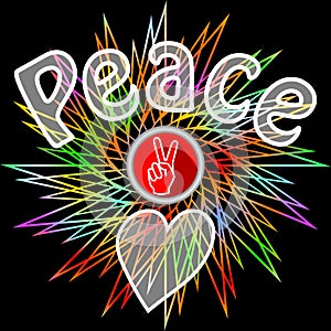 Peace leaflet. Semitransparent peace inscription, victoria finger gesture and heart on black background with rainbow line star
