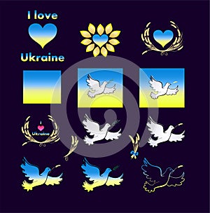 Peace and love concept with Ukrainian national flag, pigeon with olive branch and wheat ears, wreath, heart shape, sunflower. Ukra