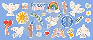 Peace and love, freedom, no war sticker pack. Dove bird, Rainbow, heart, arms. International Day of Peace. Pacifism and
