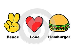 Peace, love, hamburger concept print for t-shirt.Vector cartoon doodle line graphic illustration logo design. Peace sign