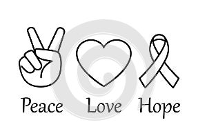Peace Love Hope outline icons. Clipart image