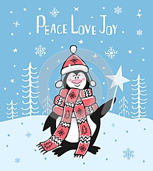 Peace love joy winter christmas greeting card background with cute cartoon penguin