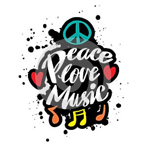 Peace love music hand drawn lettering.