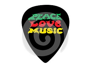 Peace, love, music lettering. Guitar signature pick/mediator design