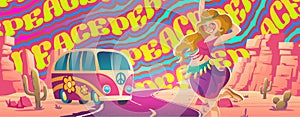 Peace, love and music poster with hippie girl