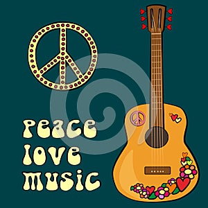 PEACE LOVE MUSIC text design with peace symbol and guitar