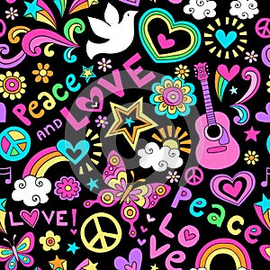 Peace and Love Seamless Pattern Psychedelic Doodle