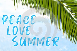 Peace love summer message written in elegant font on the background with palm leaf and blue sea. Holiday concept and