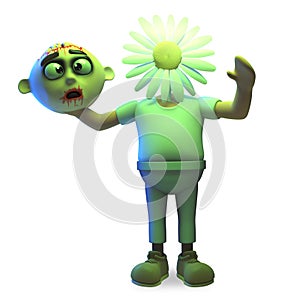 Peace loving Halloween zombie monster has his exchanged for a daisy flower, 3d illustration