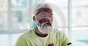 Peace, meditation and black man with yoga, fitness and position in a wellness center and progress. Pensioner, yogi or
