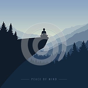 Peace of mind mediating person on a cliff with mountain view blue nature landscape