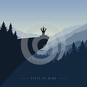 Peace of mind mediating person on a cliff with mountain view blue nature landscape