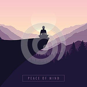 Peace of mind mediating person on a cliff with mountain view purple nature landscape