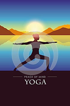 Peace of mind woman makes yoga silhouette by the lake with autumn mountain landscape at sunset